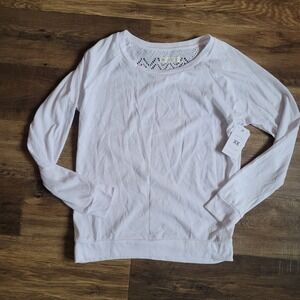 KK Intl Hand Signed Knit Top White Long Sleeve Crochet Lace Detail Women L NWT